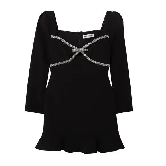 Self-Portrait Embellished Black Bow Trim Mini Dress Size 4 UK / US 0